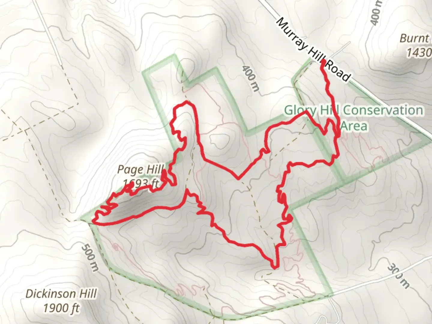 An image depicting the trail Page Hill Loop from Murray Hill Road and its surrounding area.