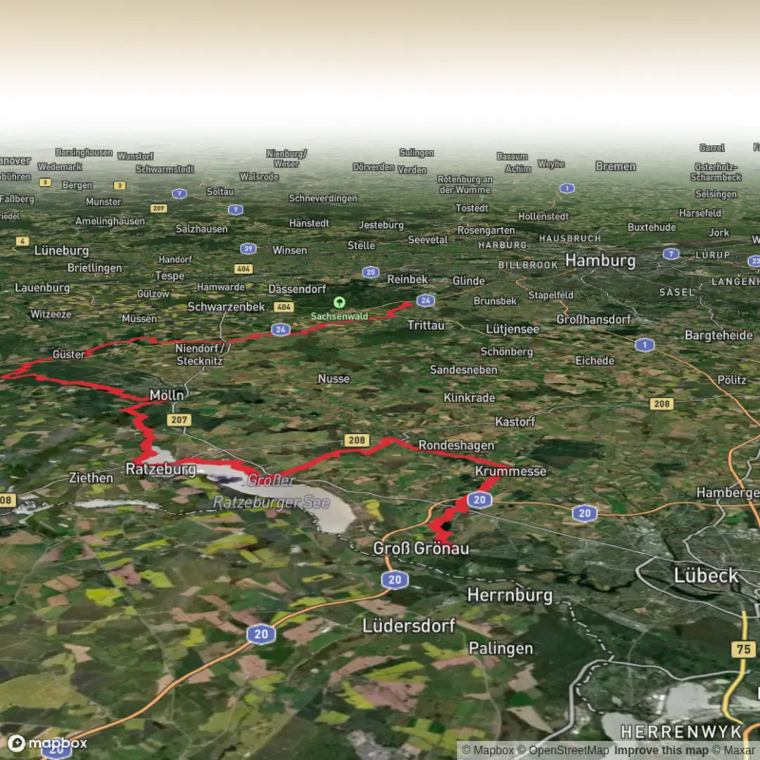 An image depicting the trail Lübeck-Witzhave and its surrounding area.