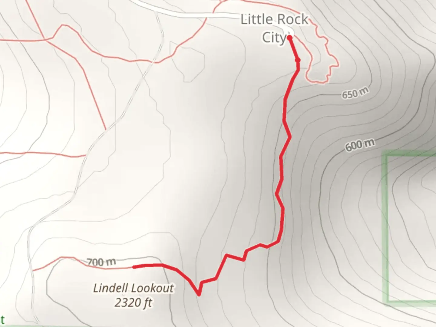 An image depicting the trail Lindell Lookout Trail from Little Rock City Road and its surrounding area.