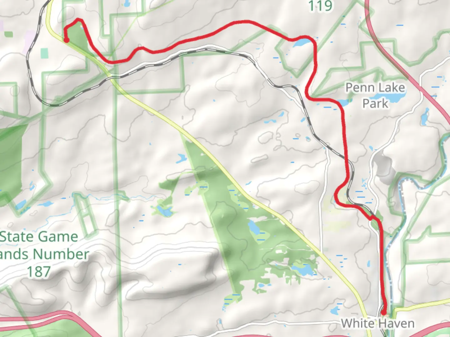 An image depicting the trail Lehigh River via Brea Creek Junction from Woodlawn Avenue to White Haven and its surrounding area.