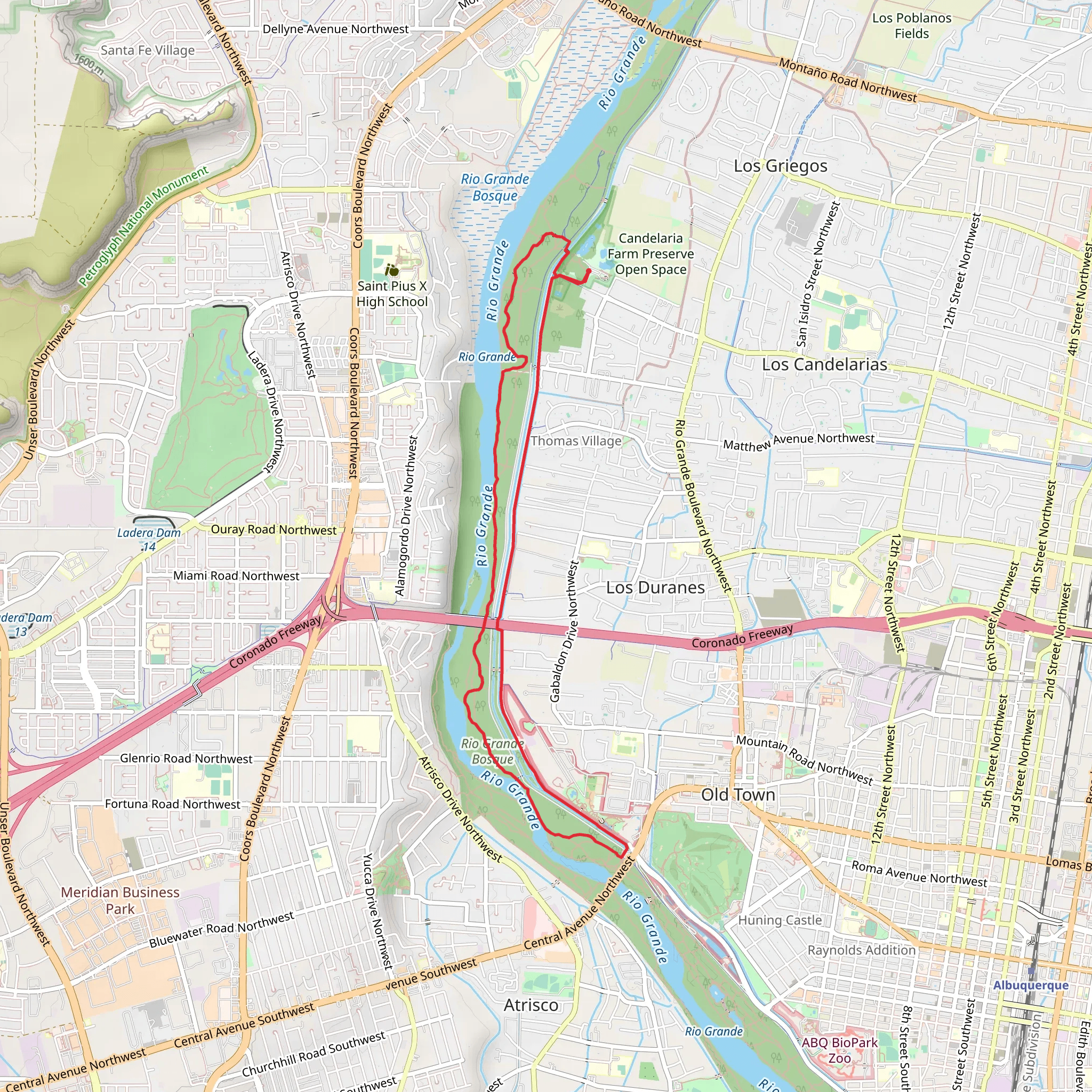 Rio Grande Nature Center State Park to Rio Grande Bosque Loop mobile static map