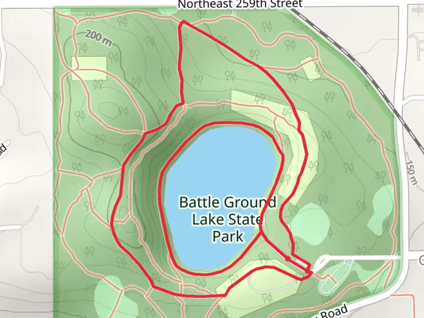 An image depicting the trail Battle Ground Lake and Lower Lake Trail and its surrounding area.