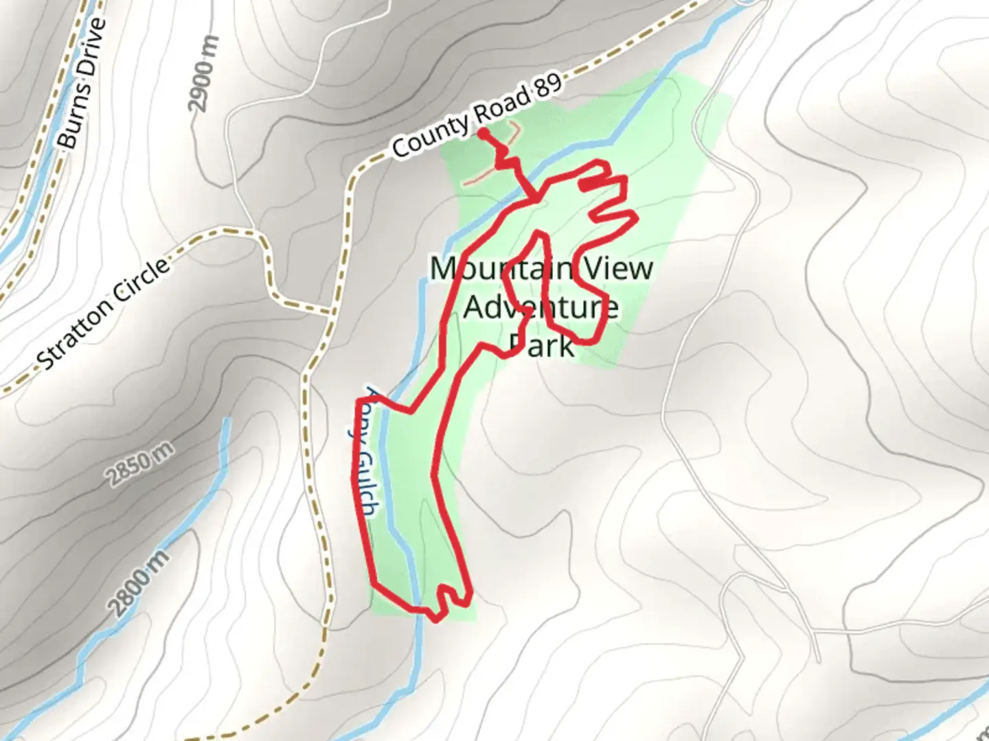 An image depicting the trail Mountain View Adventure Park Loop and its surrounding area.