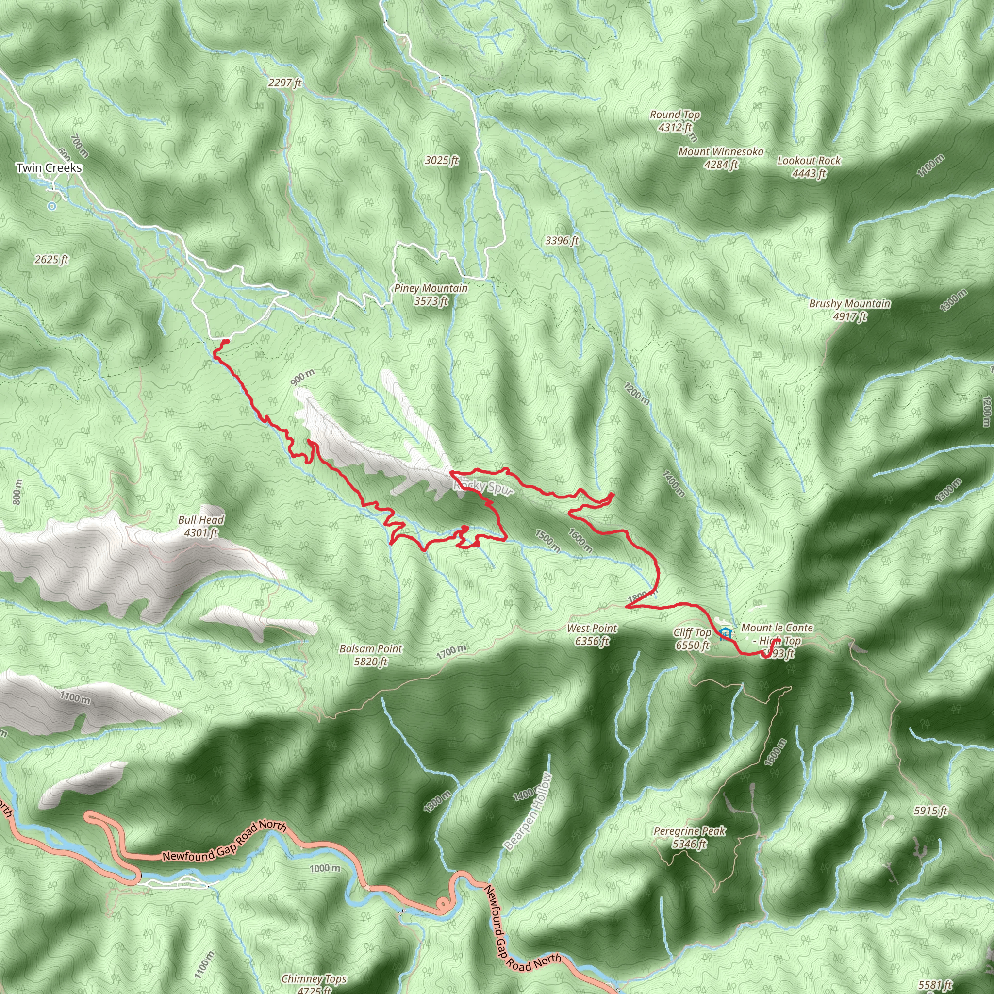 Mount Le Conte via Bull Head and Rainbow Falls Trail mobile static map