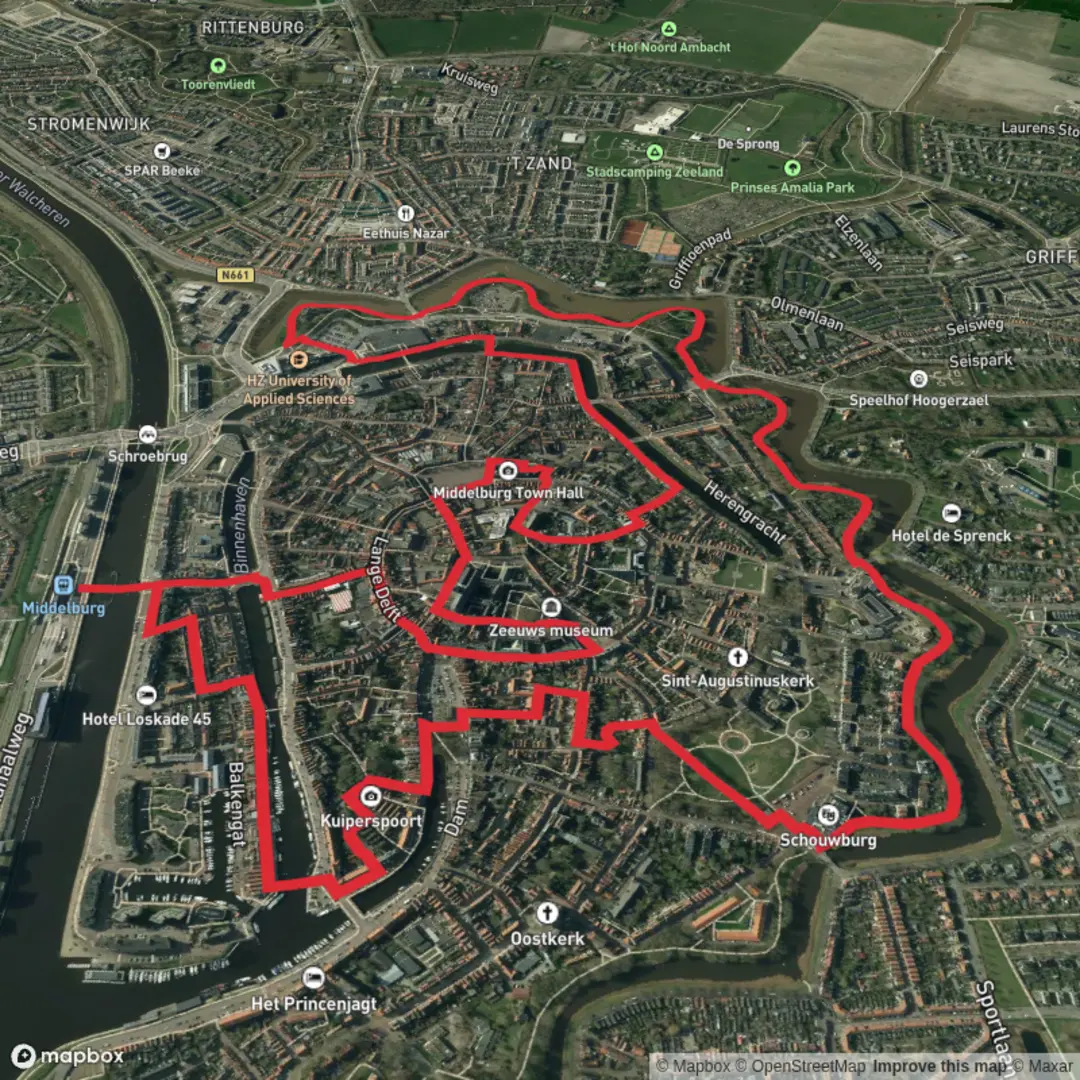 An image depicting the trail Molenwater Park, De Seismolen and De Hoop via Noordbolwerk and its surrounding area.
