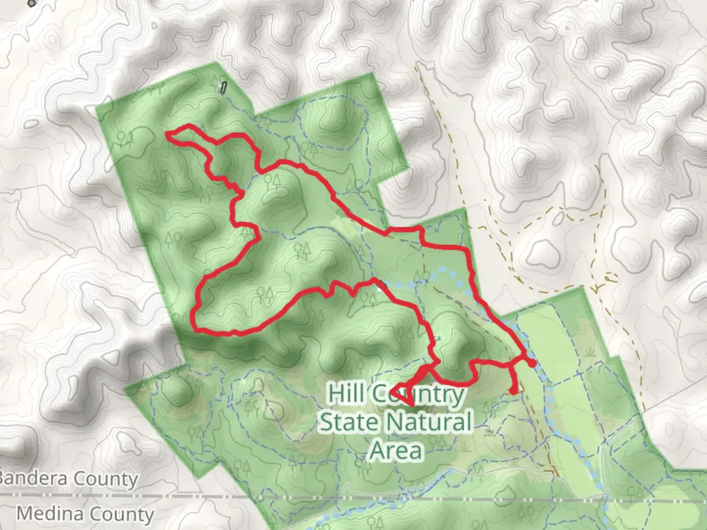 An image depicting the trail Creek Bottom, Cougar Canyon Overlook and Boyles Bump Loop and its surrounding area.