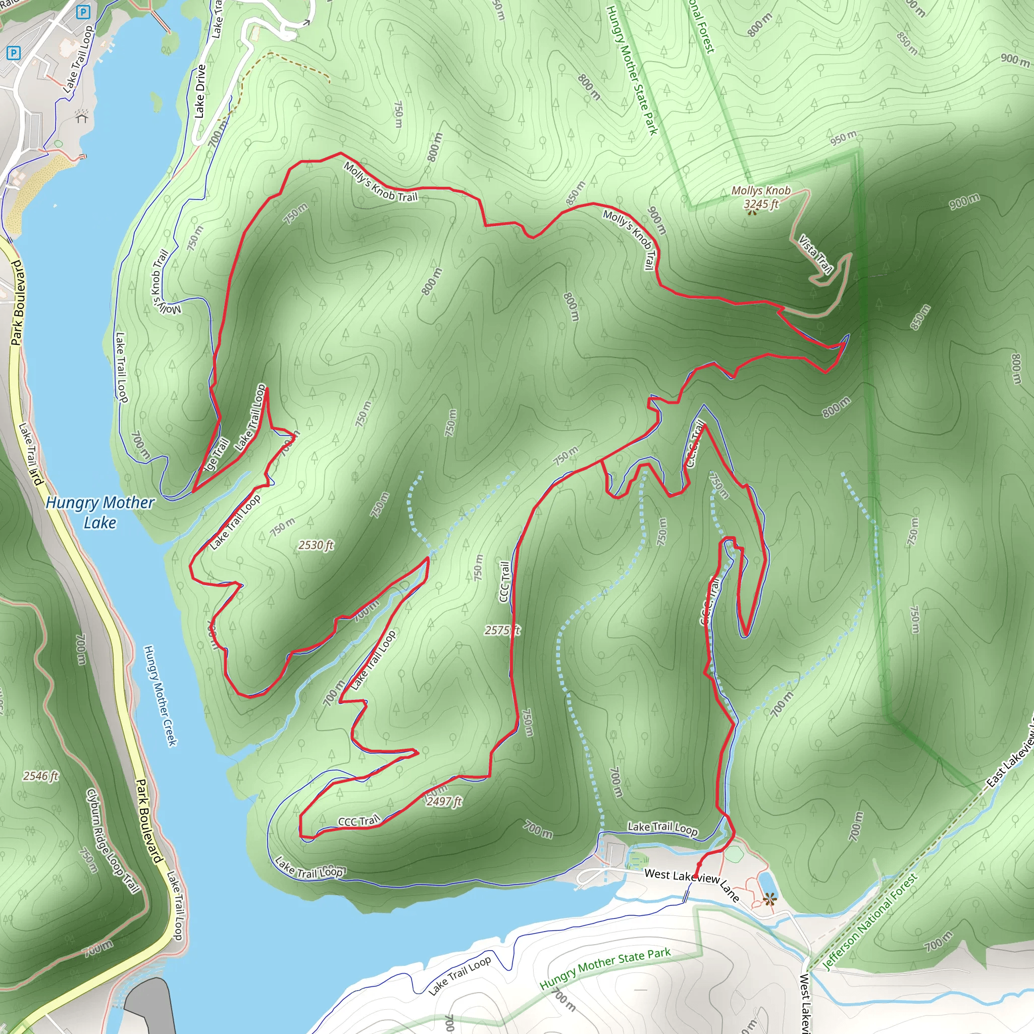 CCC, Molly's Knob and Lake Loop Trail mobile static map
