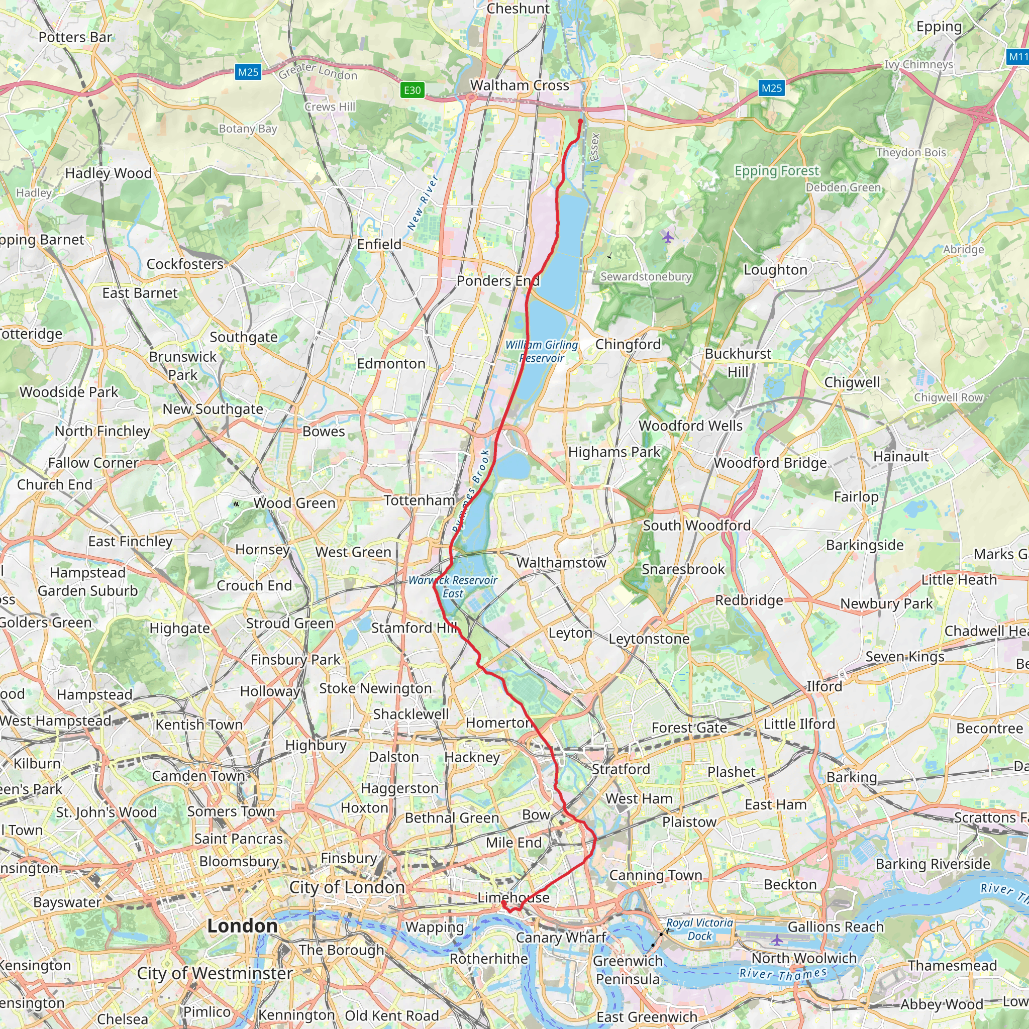 Enfield Lock to Limehouse Walk mobile static map