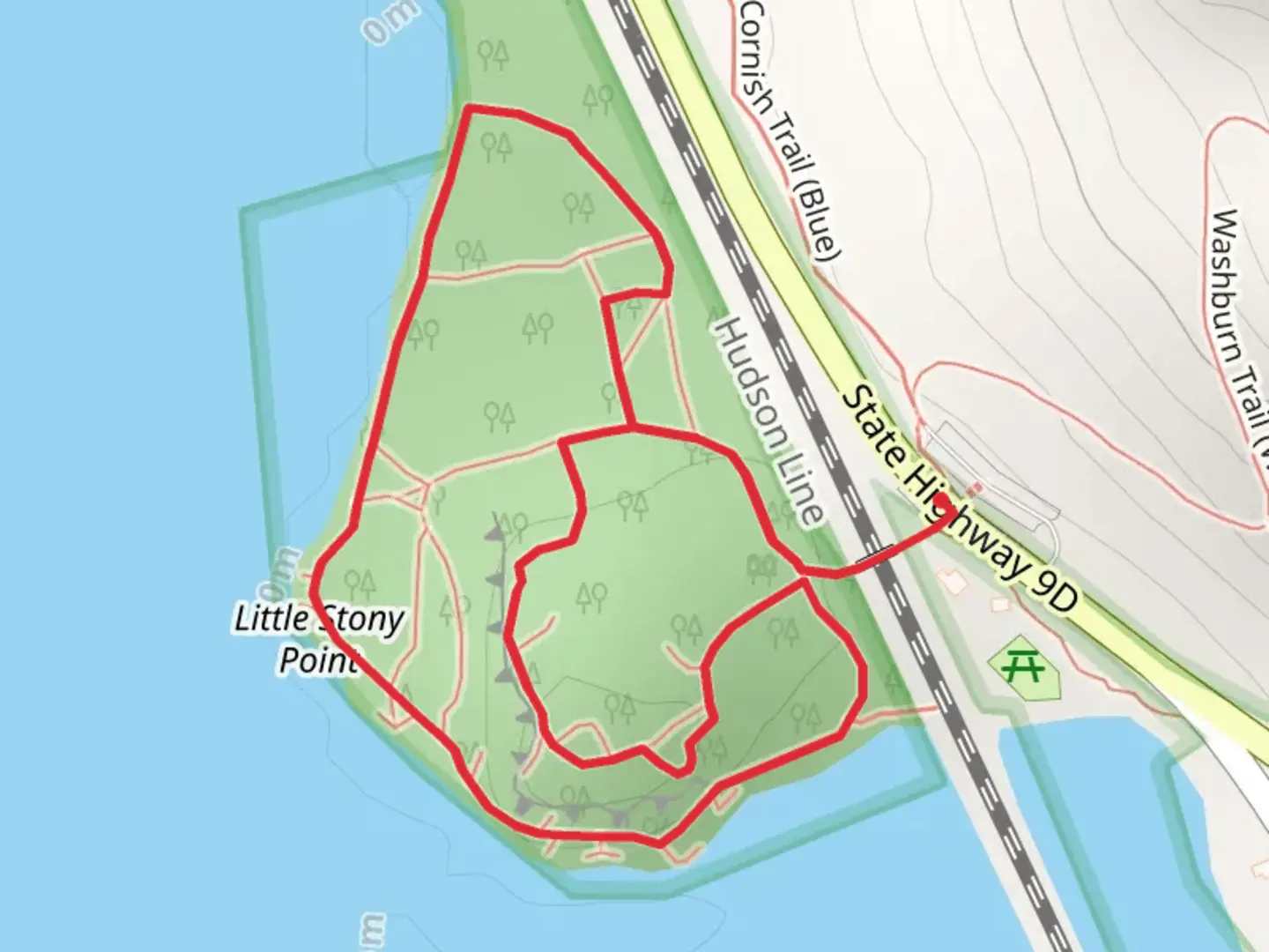 An image depicting the trail Little Stony Point Loop from State Highway 9D and its surrounding area.
