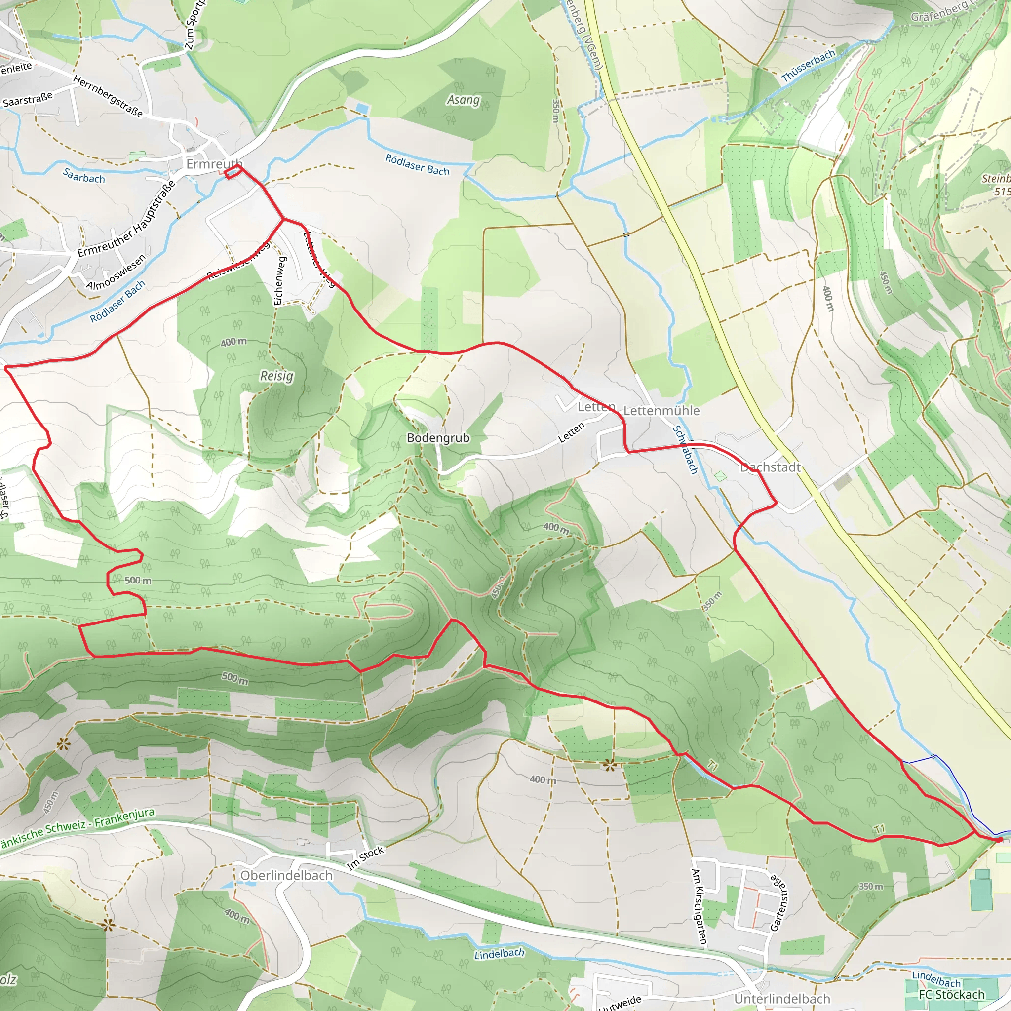 Lettenmuhle, Zum Weiben Lamm and Lindelberg Loop - Leyerbergweg mobile static map