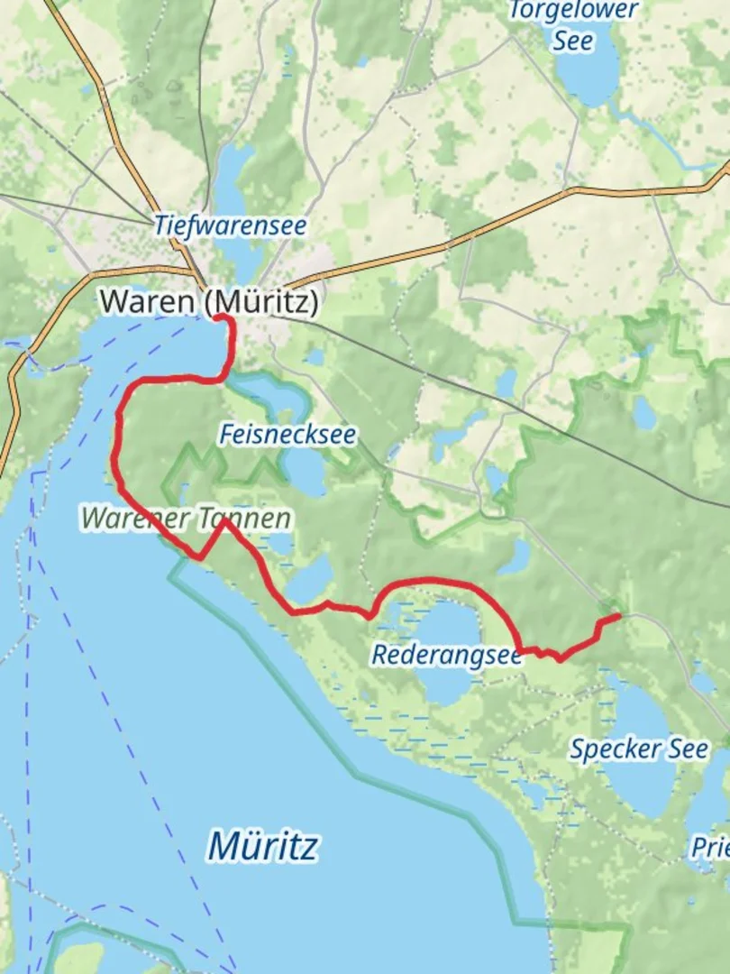 An image depicting the trail Waren to Schwarzenhof Walk via Warener Tannen and its surrounding area.