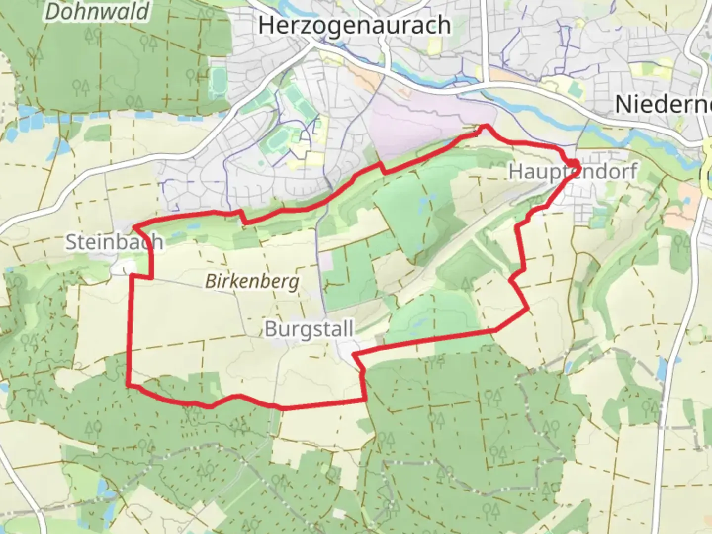 An image depicting the trail Aurach Weg and Rotpunkt Loop and its surrounding area.