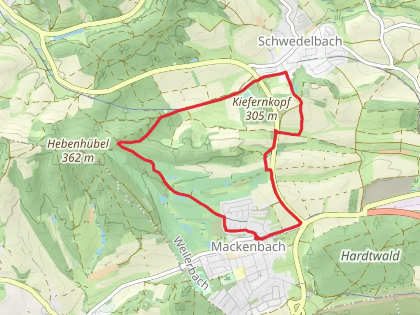 An image depicting the trail In den Fischäckern Loop and its surrounding area.