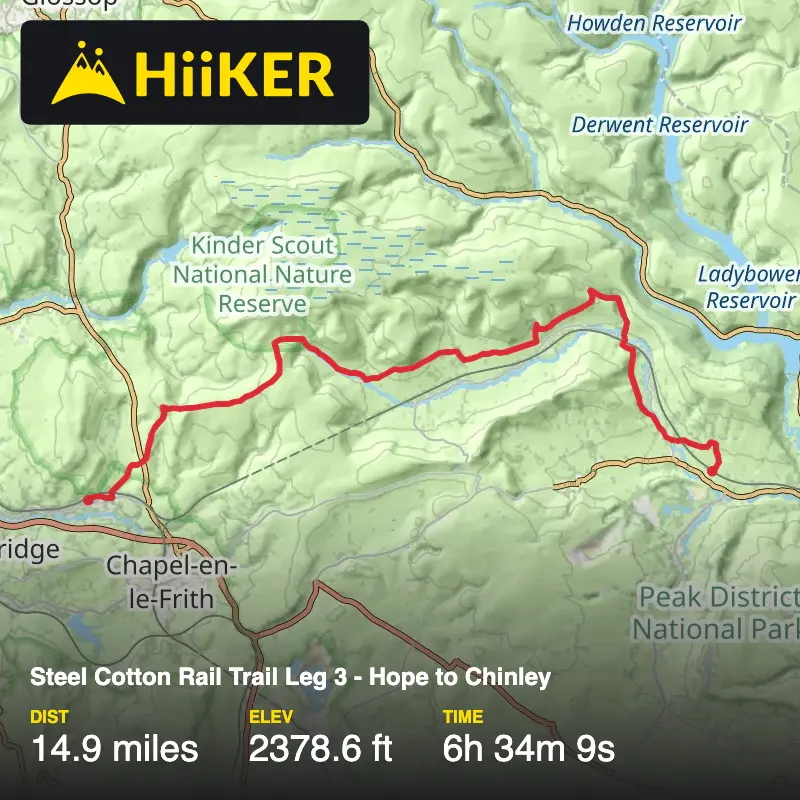 A map preview of the recording Steel Cotton Rail Trail Leg 3 - Hope to Chinley.