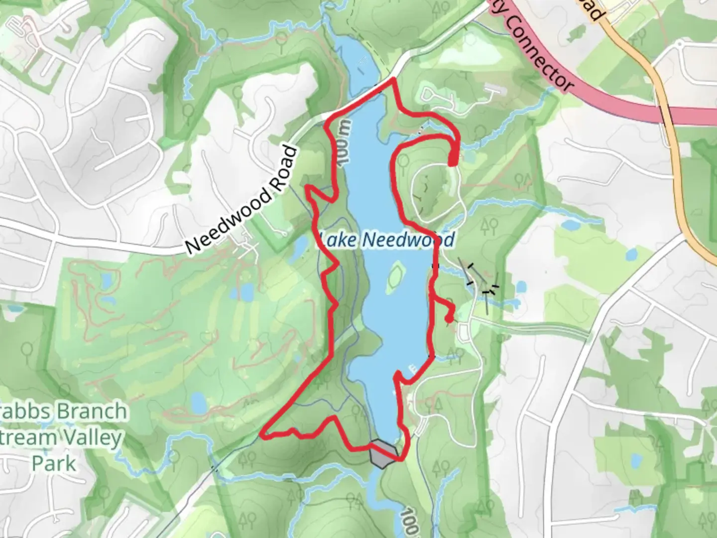 An image depicting the trail Lake Needwood via Needwood Trail, Parilla Path and Dogwood Run and its surrounding area.