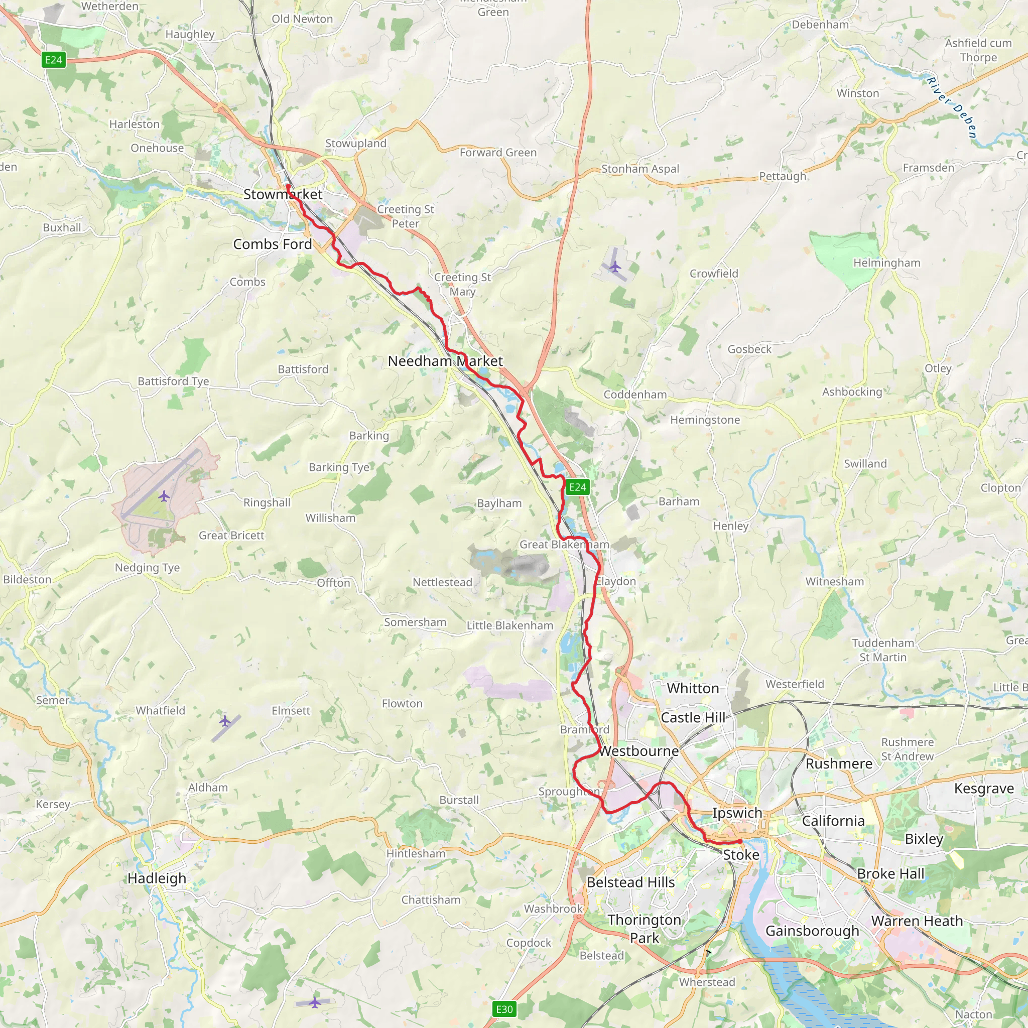 Ipswich to Stowmarket Walk via River Gipping mobile static map