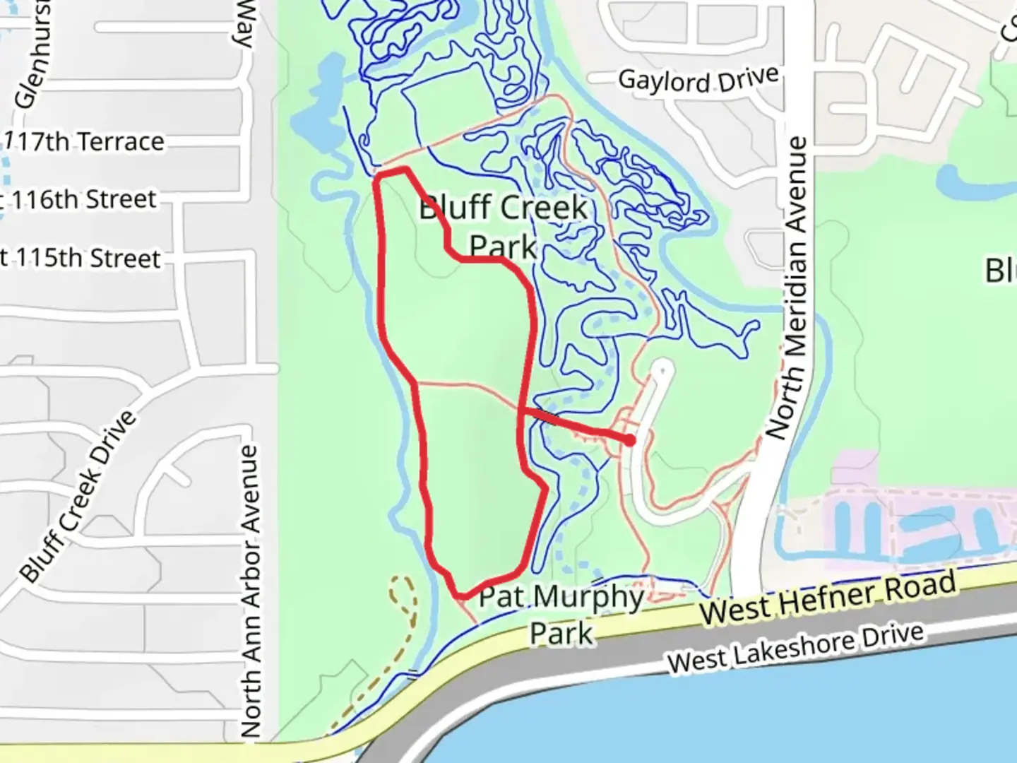 An image depicting the trail Bluff Creek Park Loop and its surrounding area.