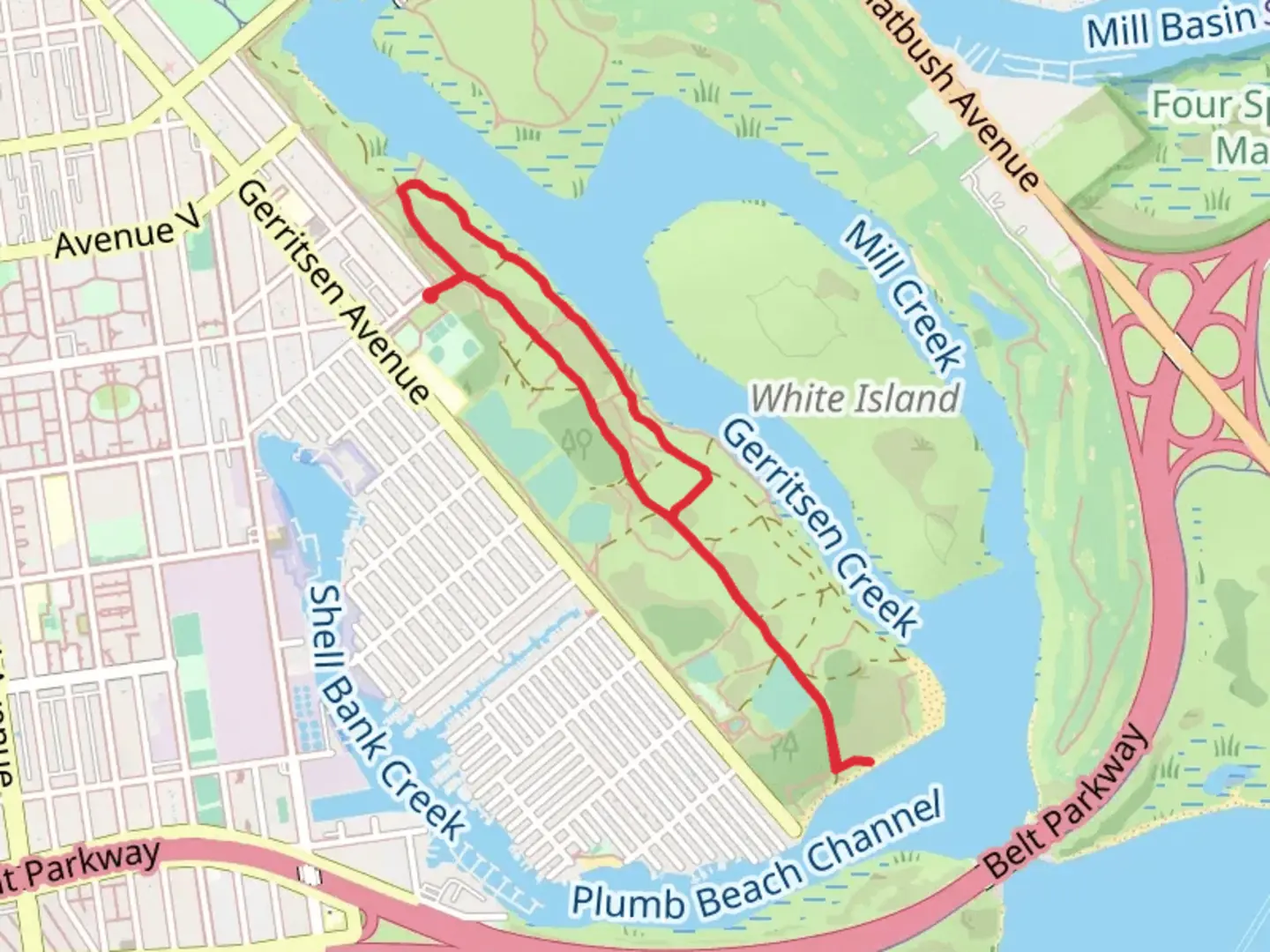 An image depicting the trail Red Trail Loop via Gerritsen Creek and its surrounding area.