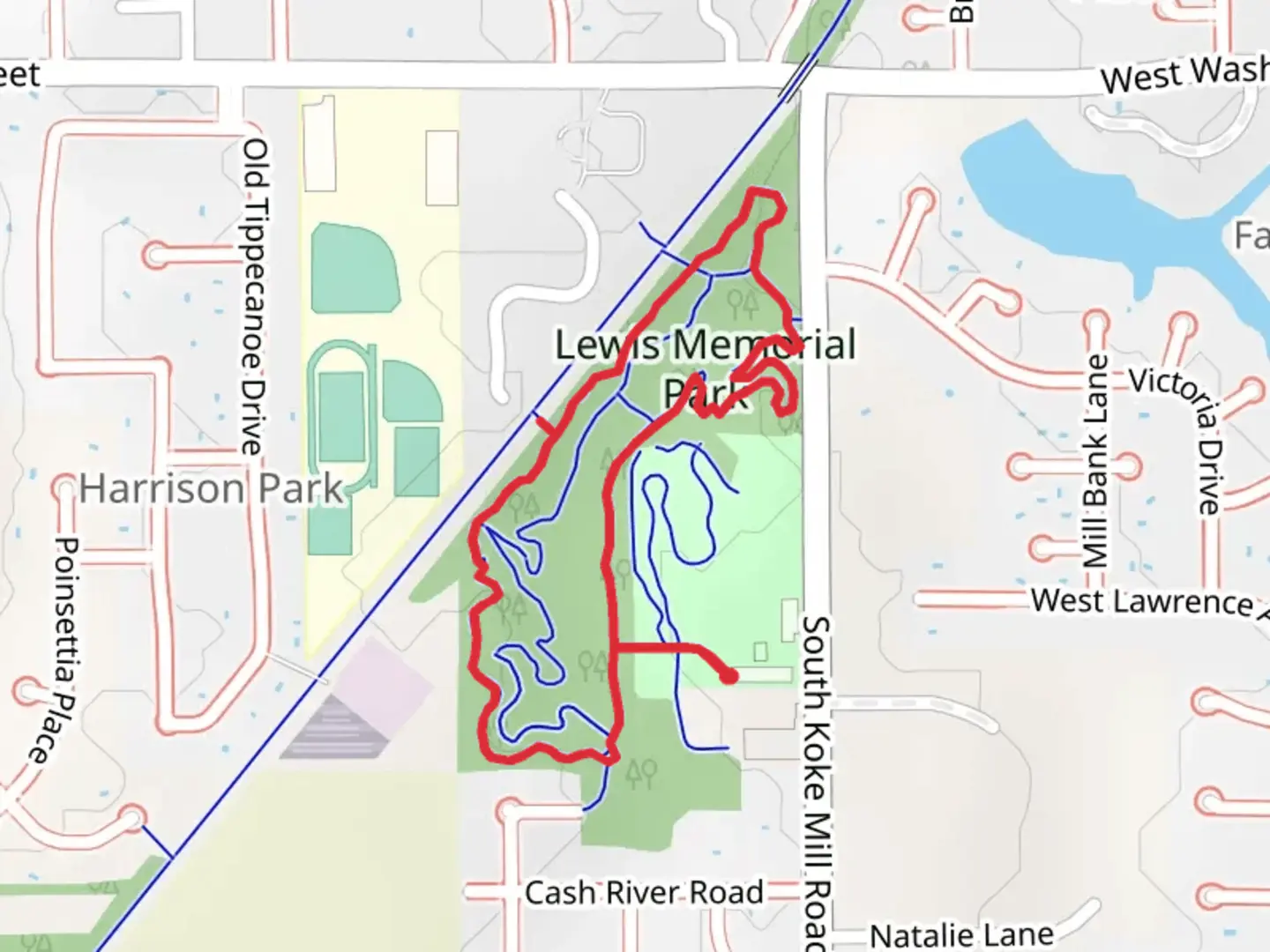 An image depicting the trail Lewis Memorial Park Loop and its surrounding area.