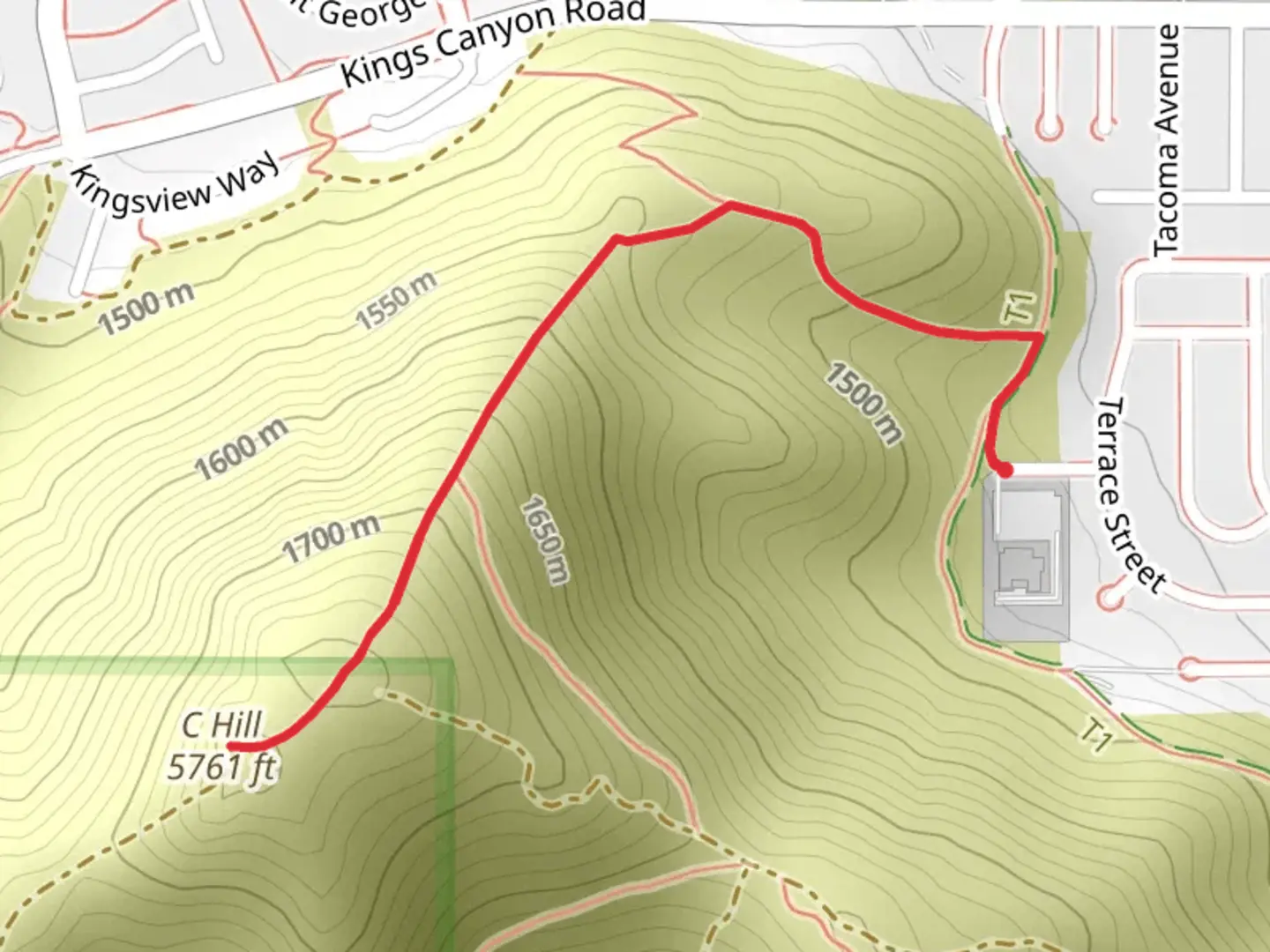 An image depicting the trail C Hill from McKay Drive and its surrounding area.