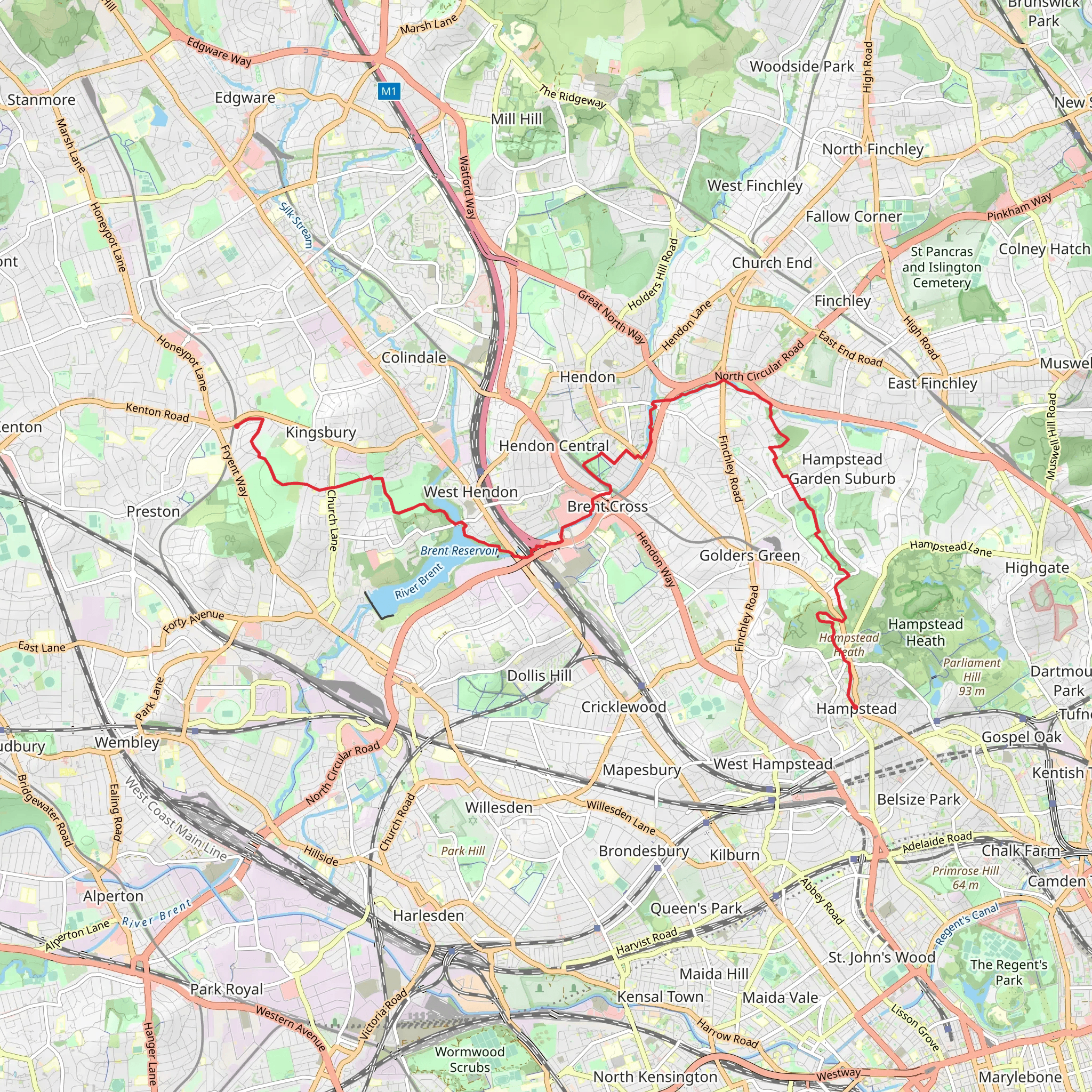 Kingsbury to Hampstead Walk mobile static map