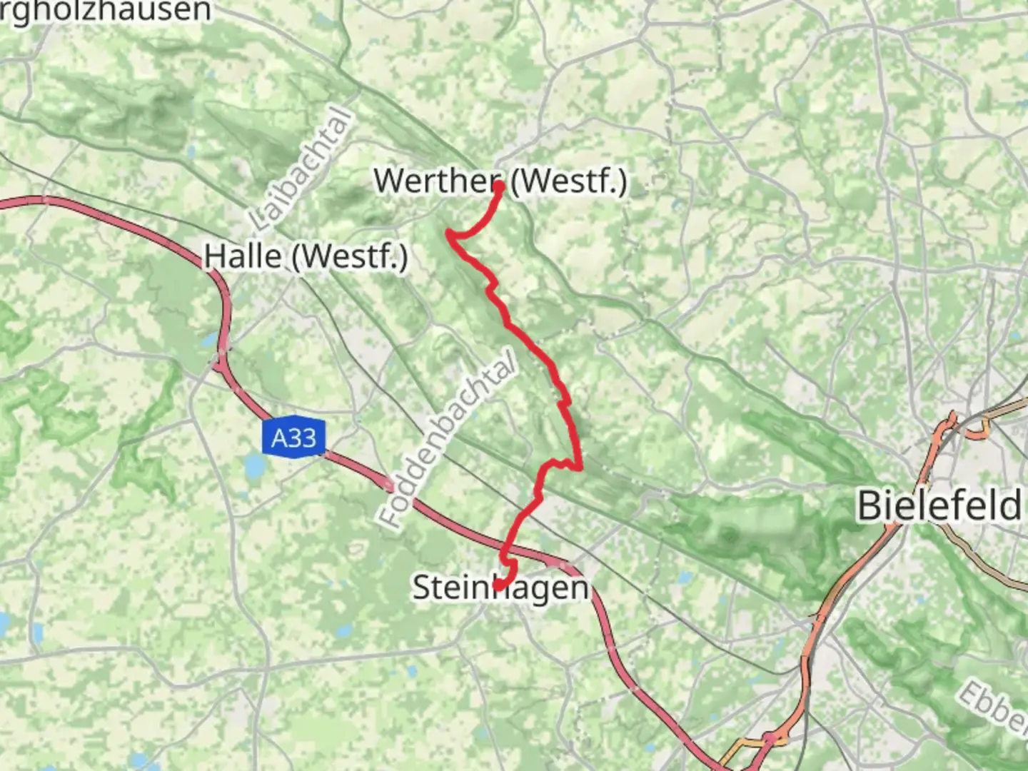 An image depicting the trail Steinhagen to Werther via Bielefeld-Werther and its surrounding area.