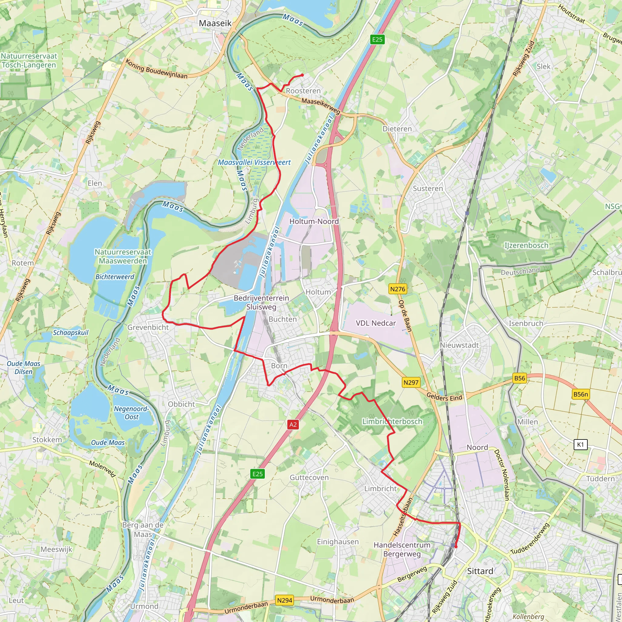 Roosteren to Sittard via Grindwinning and Limbrichterbosch mobile static map