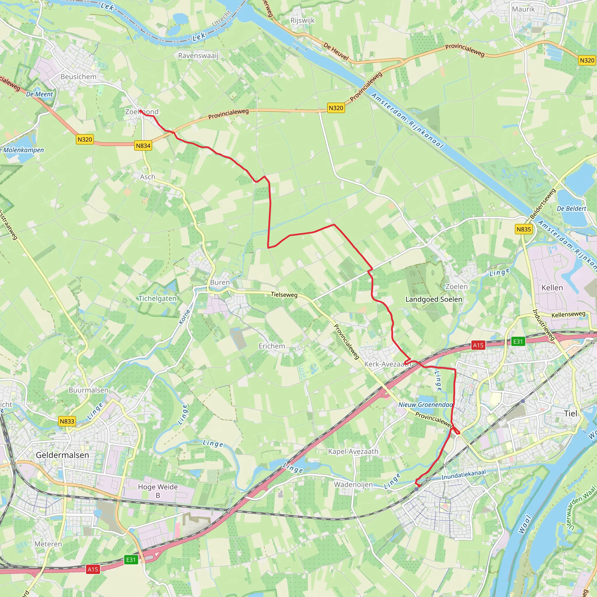 Zoelmond to Tiel Rassewaaij via Tielse Weg and Aalsdijk mobile static map