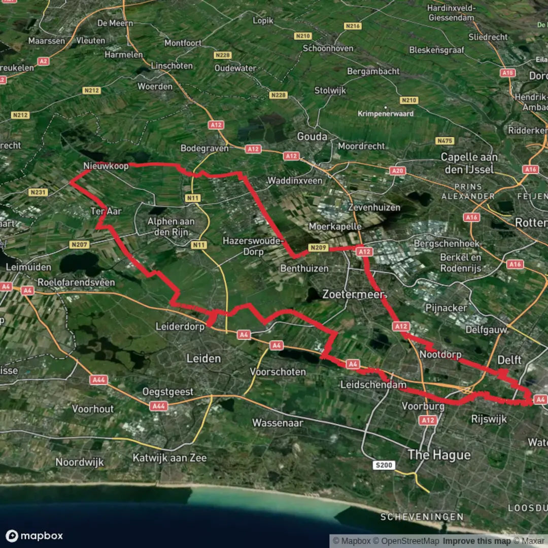 An image depicting the trail Plaspoelpolderpad, Houtzaagmolenpad, Westvlietweg, Duinwaterpad and Gravenpad and its surrounding area.