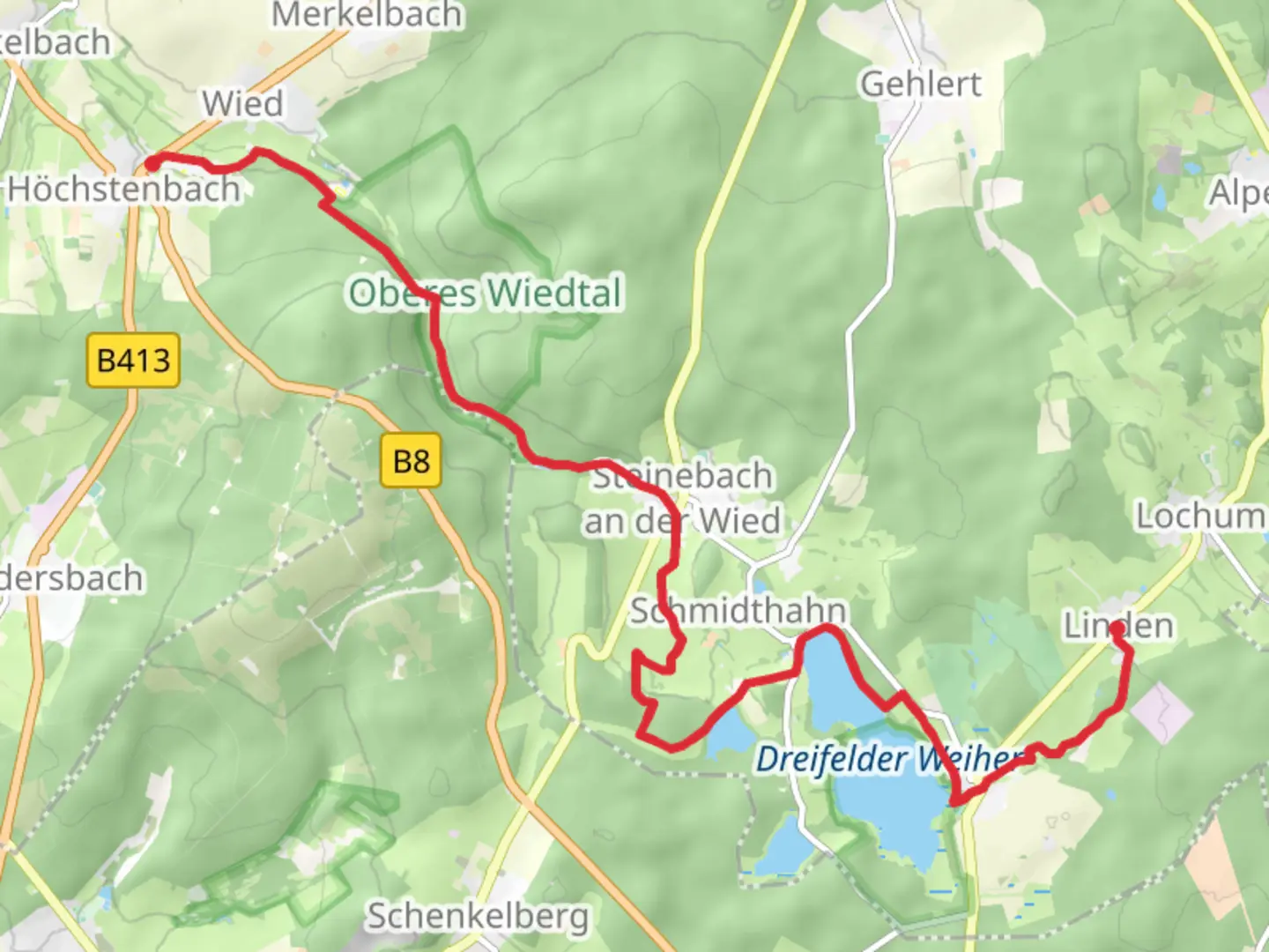 An image depicting the trail Linden to Hochstenbach Walk via Dreifelder Weiher and its surrounding area.