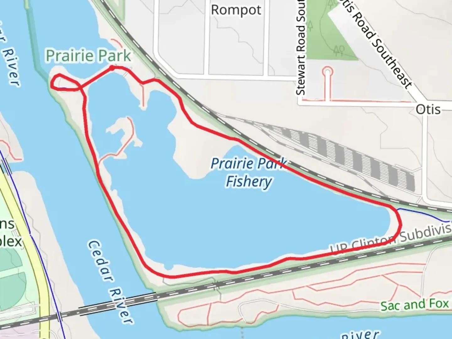 An image depicting the trail Prairie Park Fishery Loop and its surrounding area.