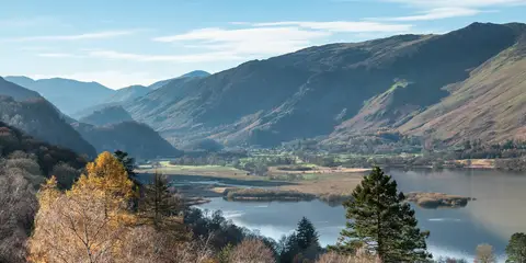 An image depicting the trail Walla Crag and Great Wood Loop near Derwent Water and its surrounding area.