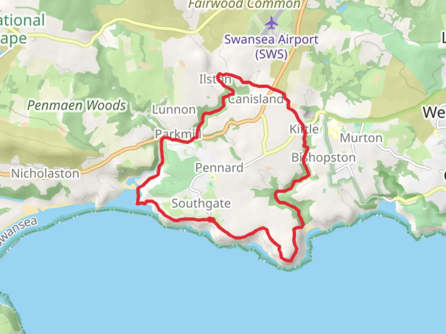 An image depicting the trail Three Cliff Bay and Ilston Cwm from Southgate and its surrounding area.