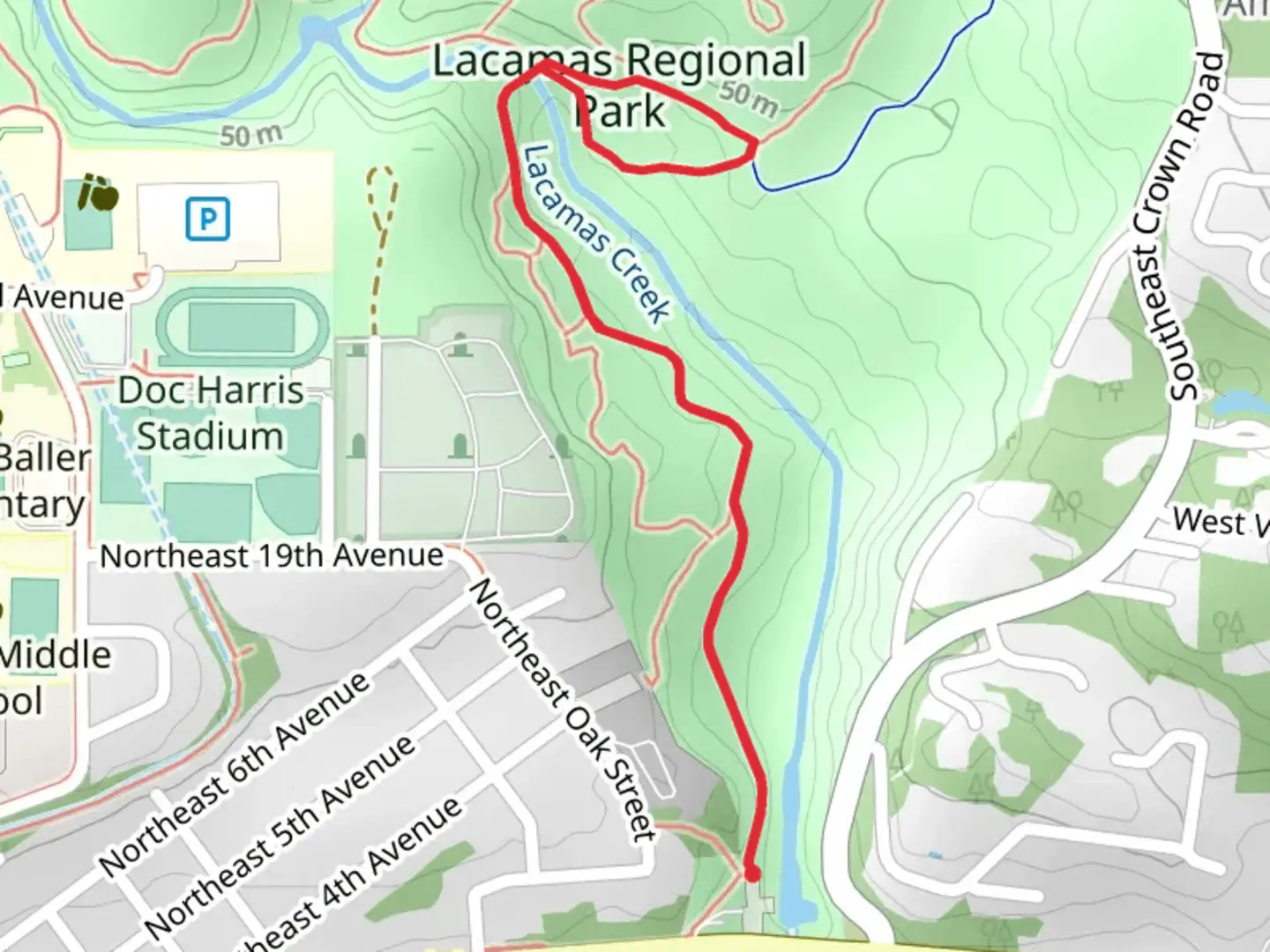 An image depicting the trail Lake to Lake Trail and Lacamas Creek and its surrounding area.