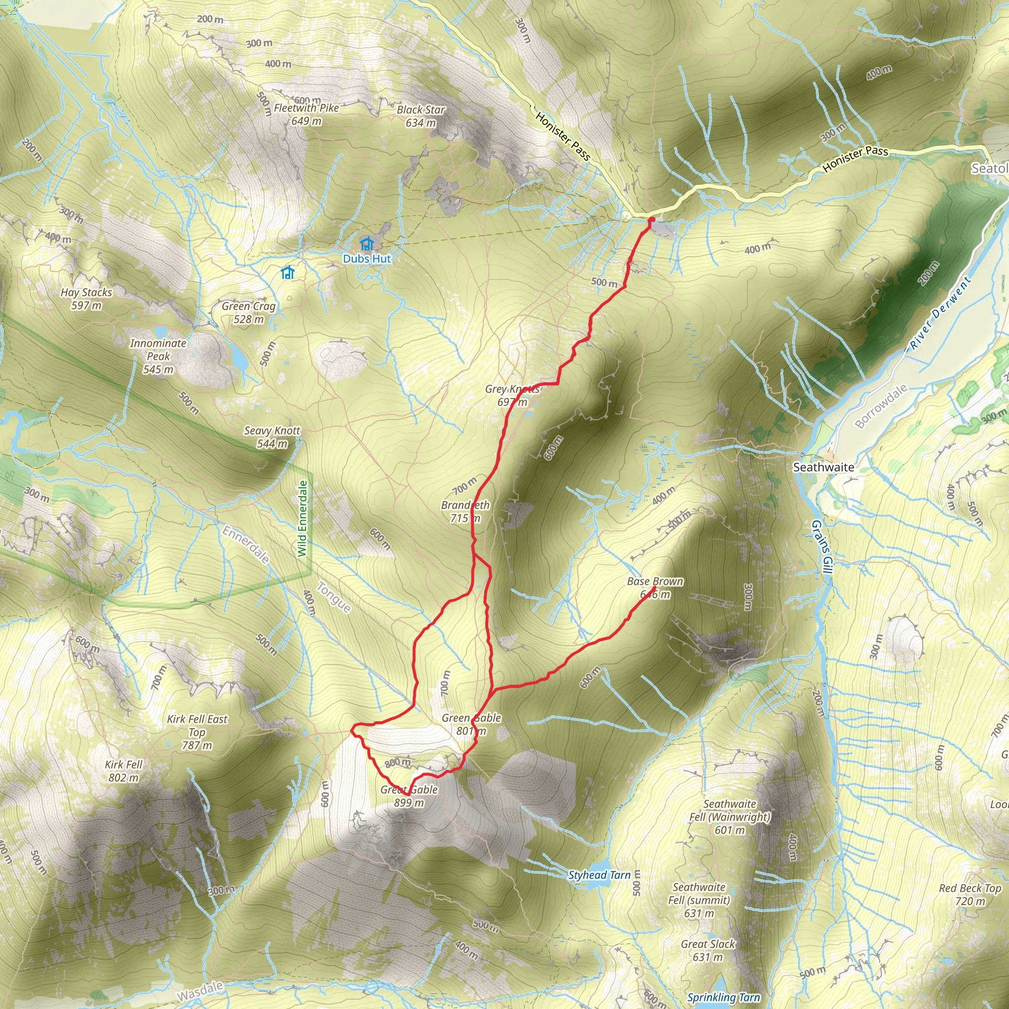 Brandreth, Great Gable, Green Gable, Base Brown via Moses Trod mobile static map
