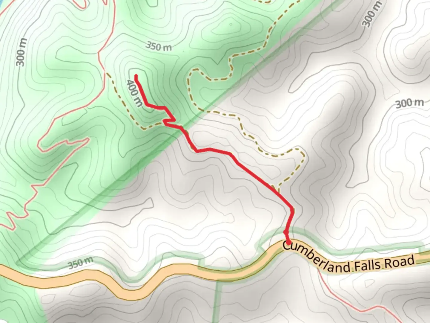 An image depicting the trail Fire Tower from Cumberland Falls Road and its surrounding area.