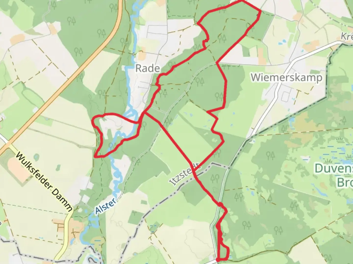 An image depicting the trail Alster via Rader Weg and its surrounding area.