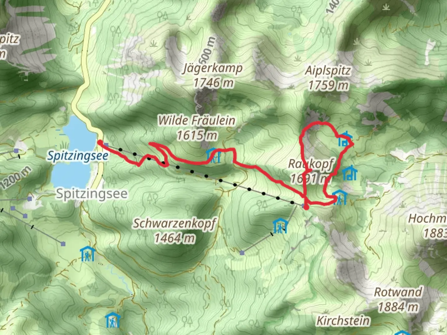 An image depicting the trail Spitzingsee to Taubensteinbahn via Raukopf and its surrounding area.