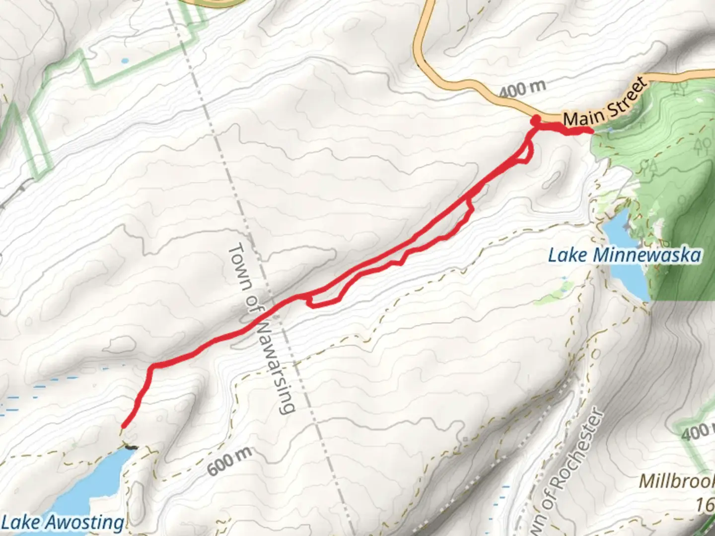 An image depicting the trail Awosting Lake via Lower Awosting Carriageway and its surrounding area.