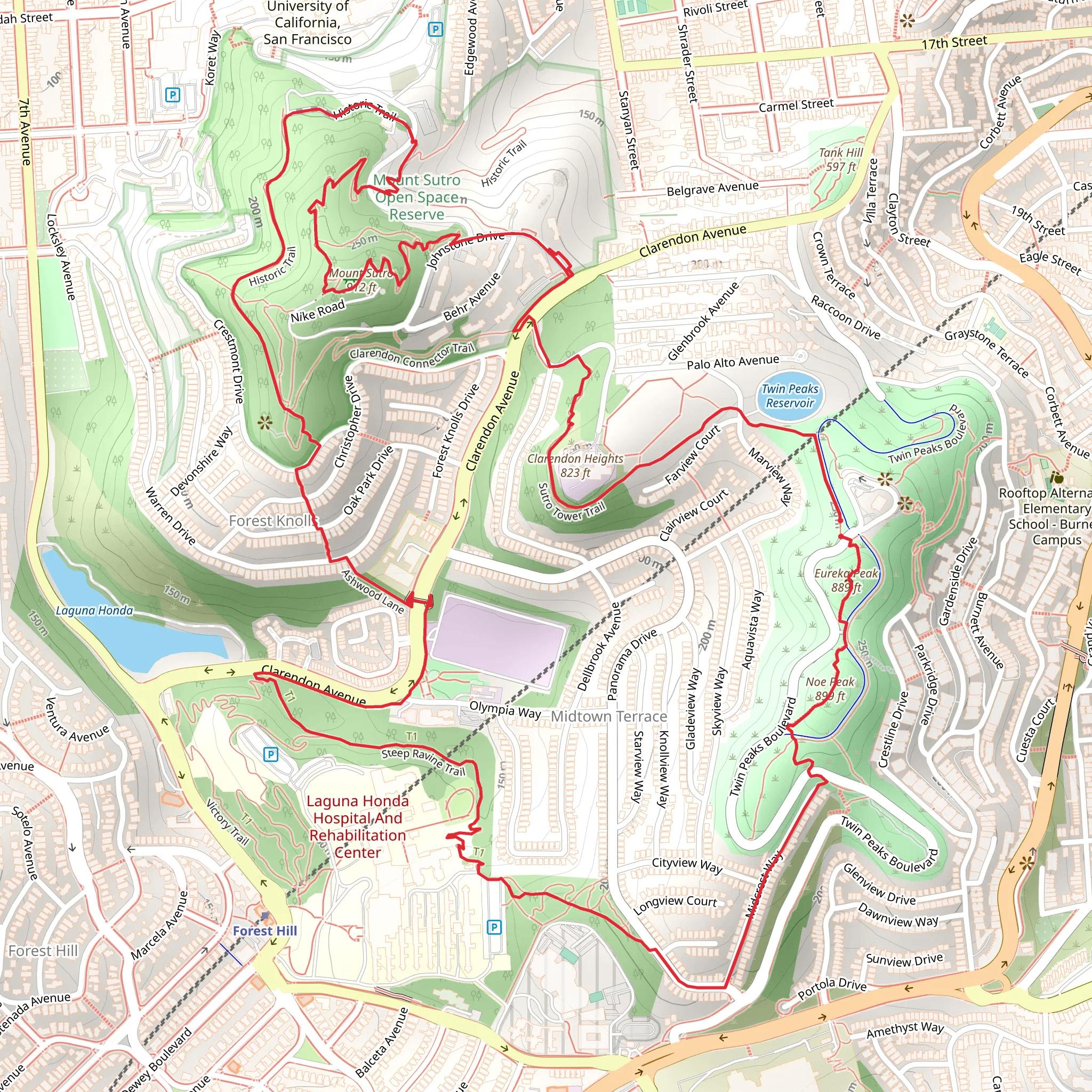 Twin Peaks and Mount Sutro Loop via Sutro Tower Trail and Steep Ravine Trail mobile static map