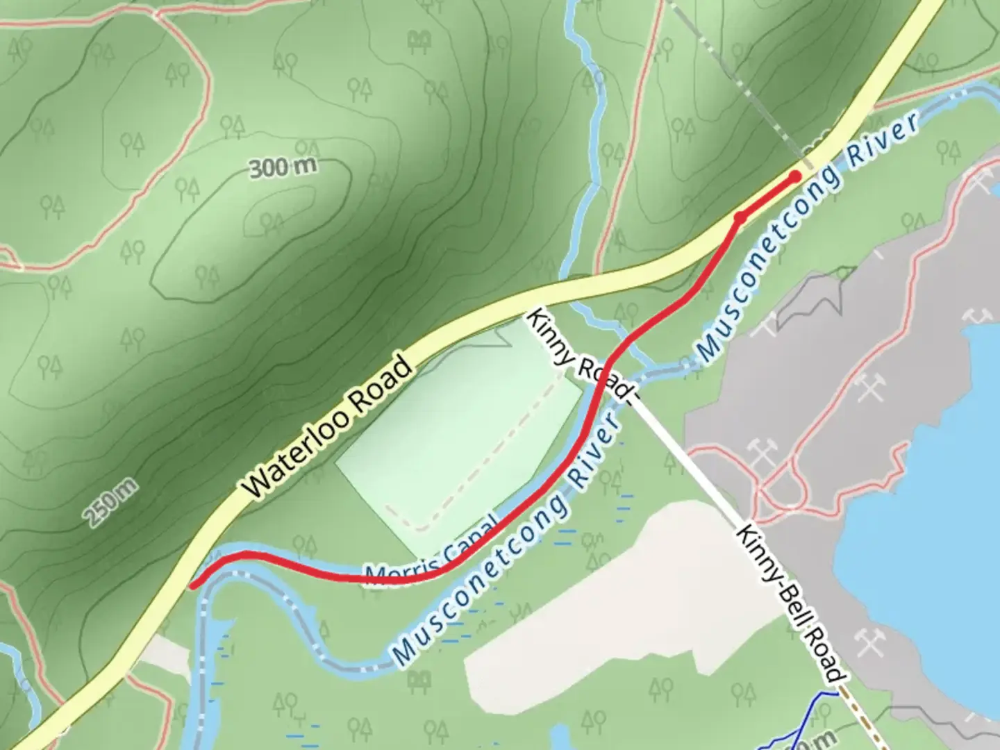 An image depicting the trail Musconetcong River via Highlands Trail and its surrounding area.
