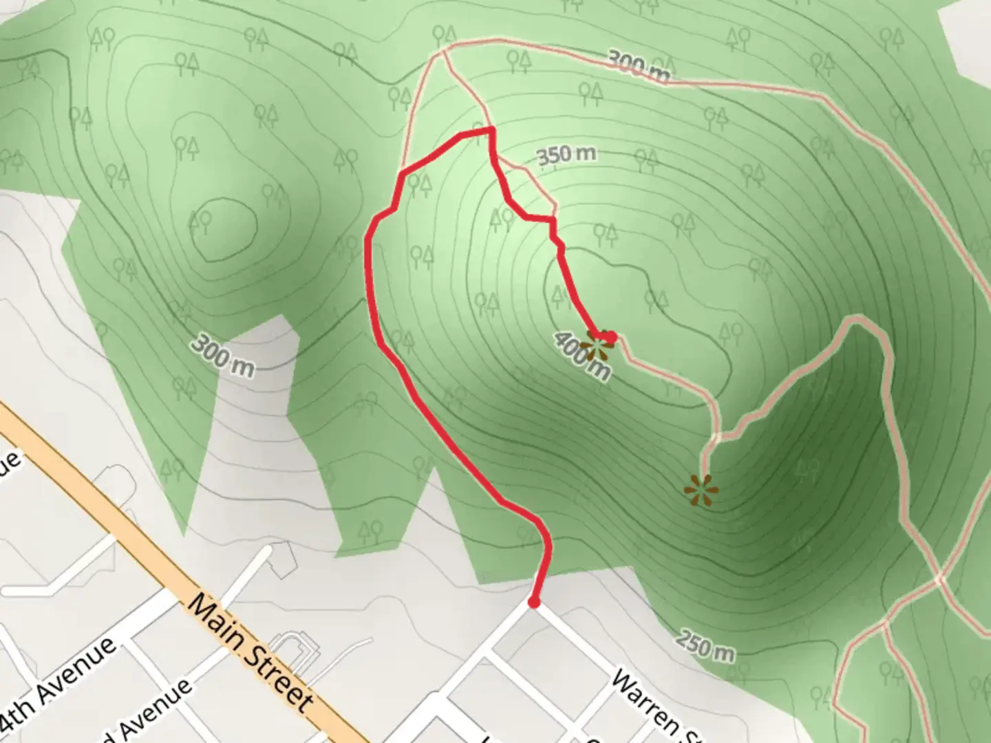 An image depicting the trail Hackensack Mountain from Warren Street and its surrounding area.