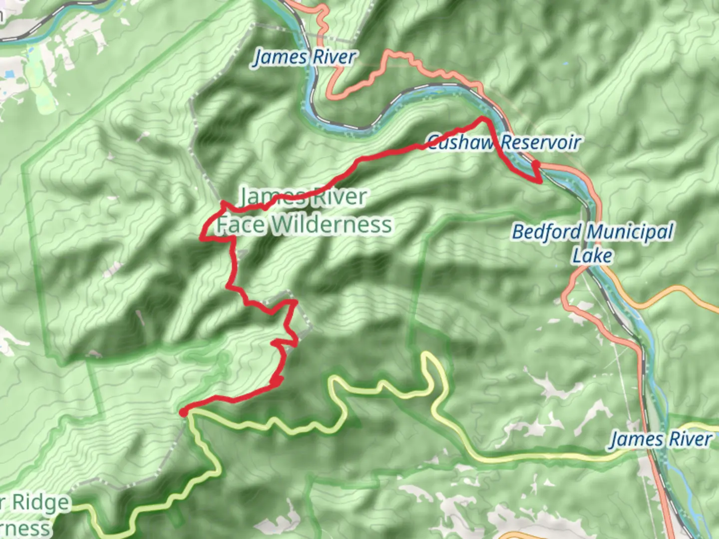 An image depicting the trail Highcock Knob - James River via Appalachian Trail and its surrounding area.