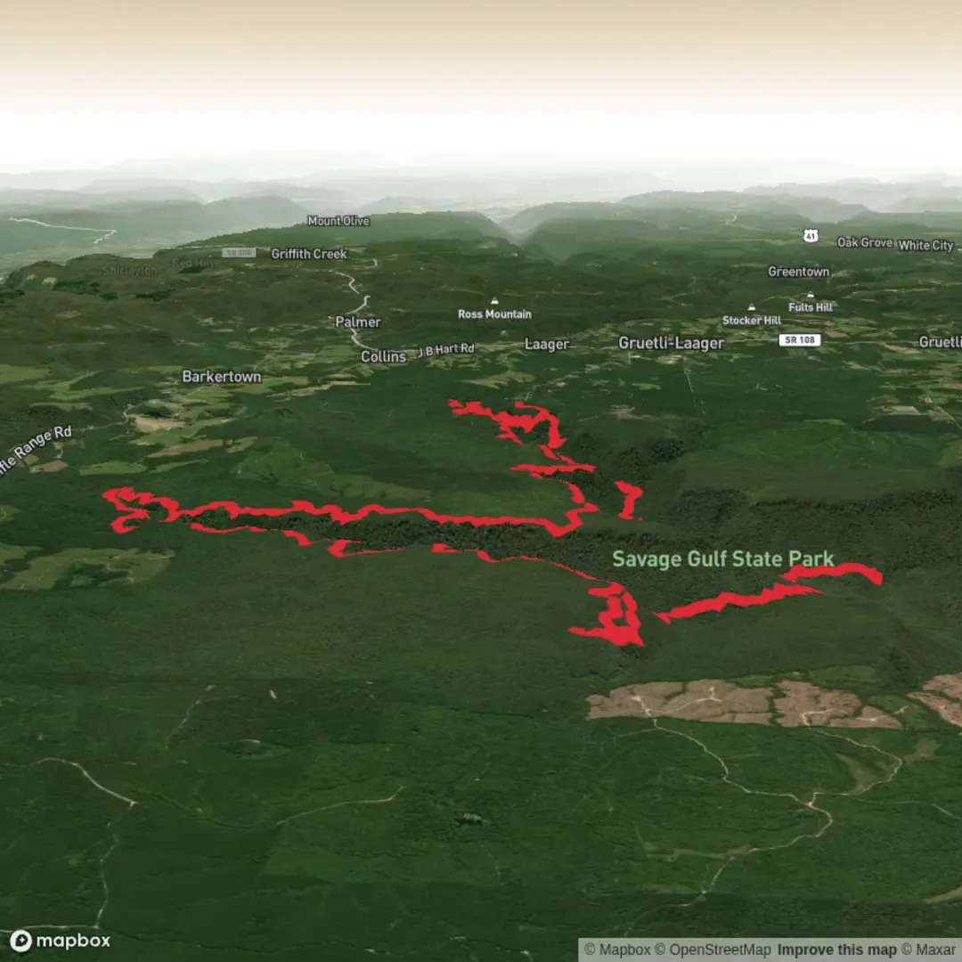 An image depicting the trail Savage Gulf East (October 2025) and its surrounding area.