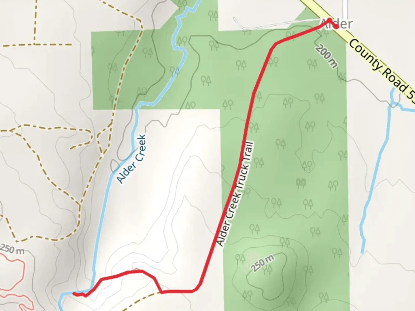 An image depicting the trail Alder Creek Out and Back and its surrounding area.