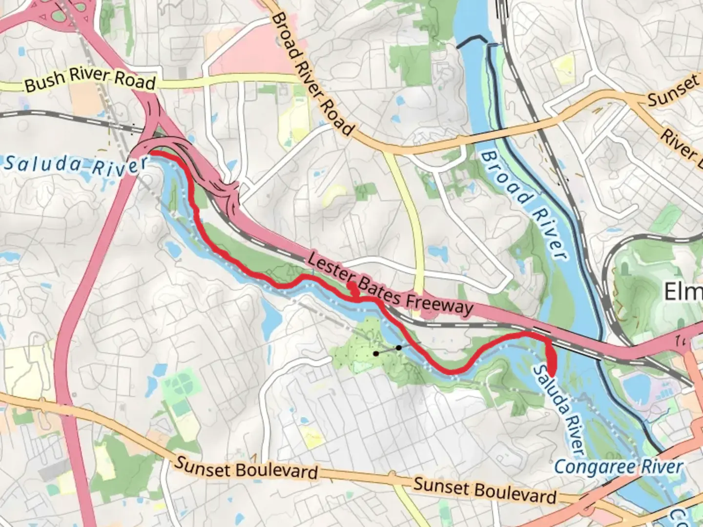 An image depicting the trail Saluda Riverwalk and its surrounding area.
