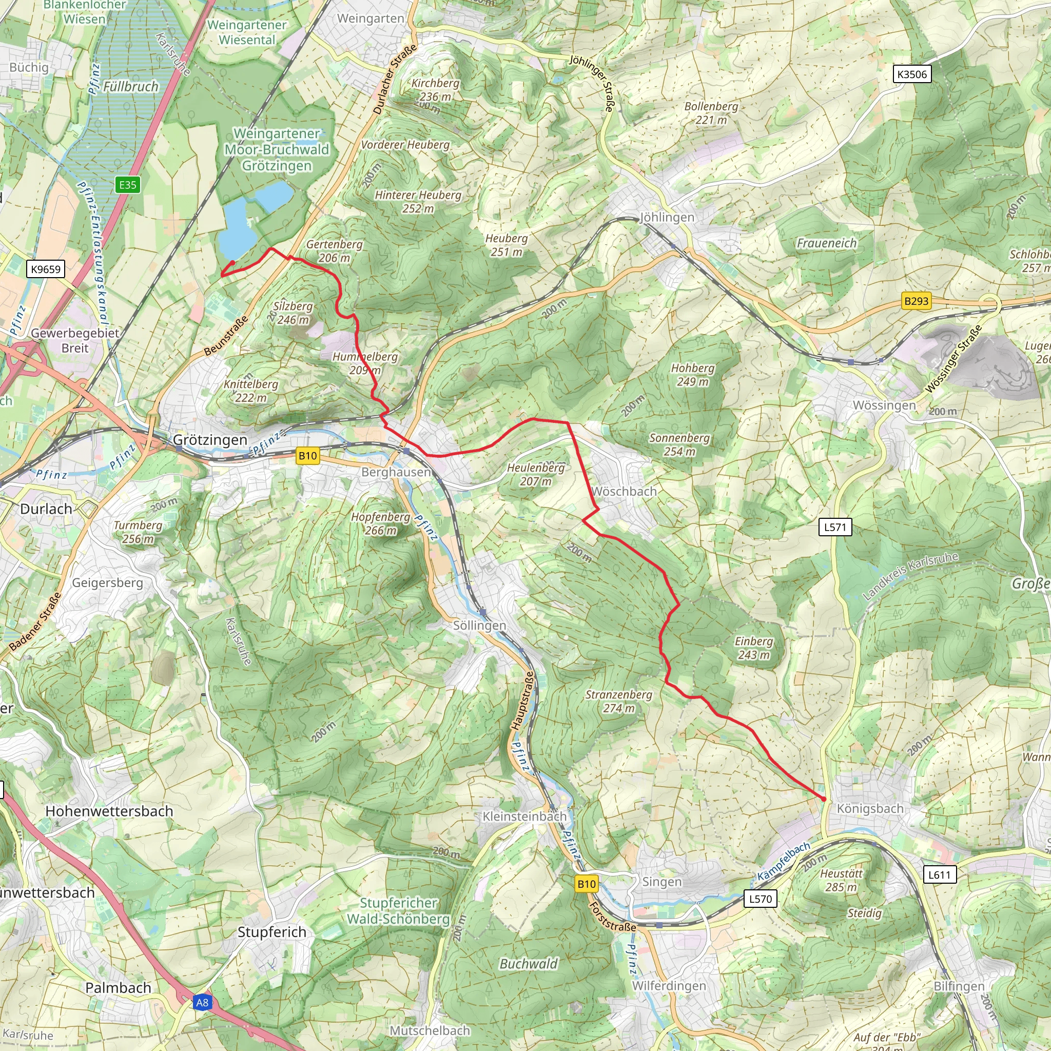 Königsbach to Hundebereich via Hummelberg S-Bahn - Grosser Wald mobile static map