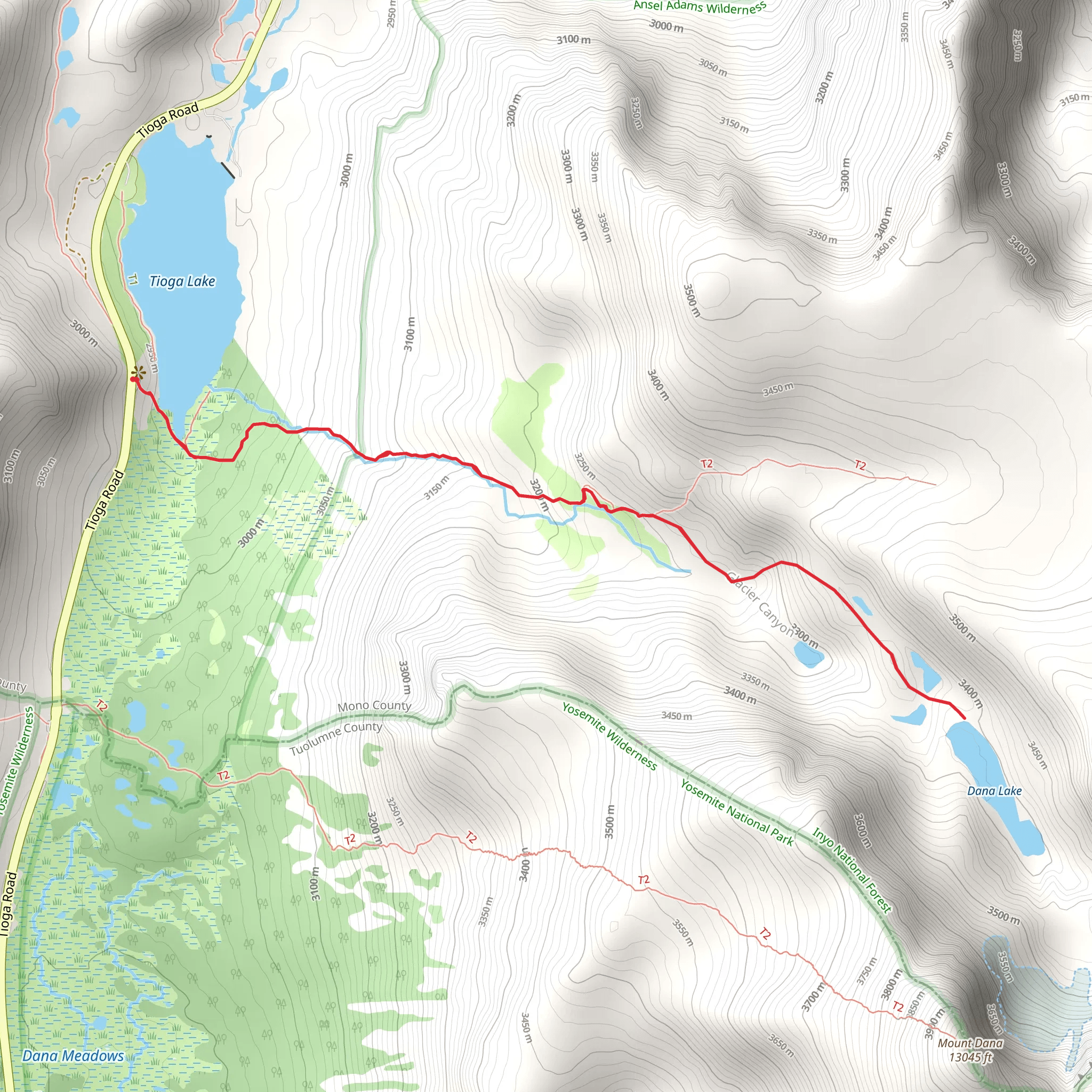 Dana Lake Trail from Tioga Lake mobile static map