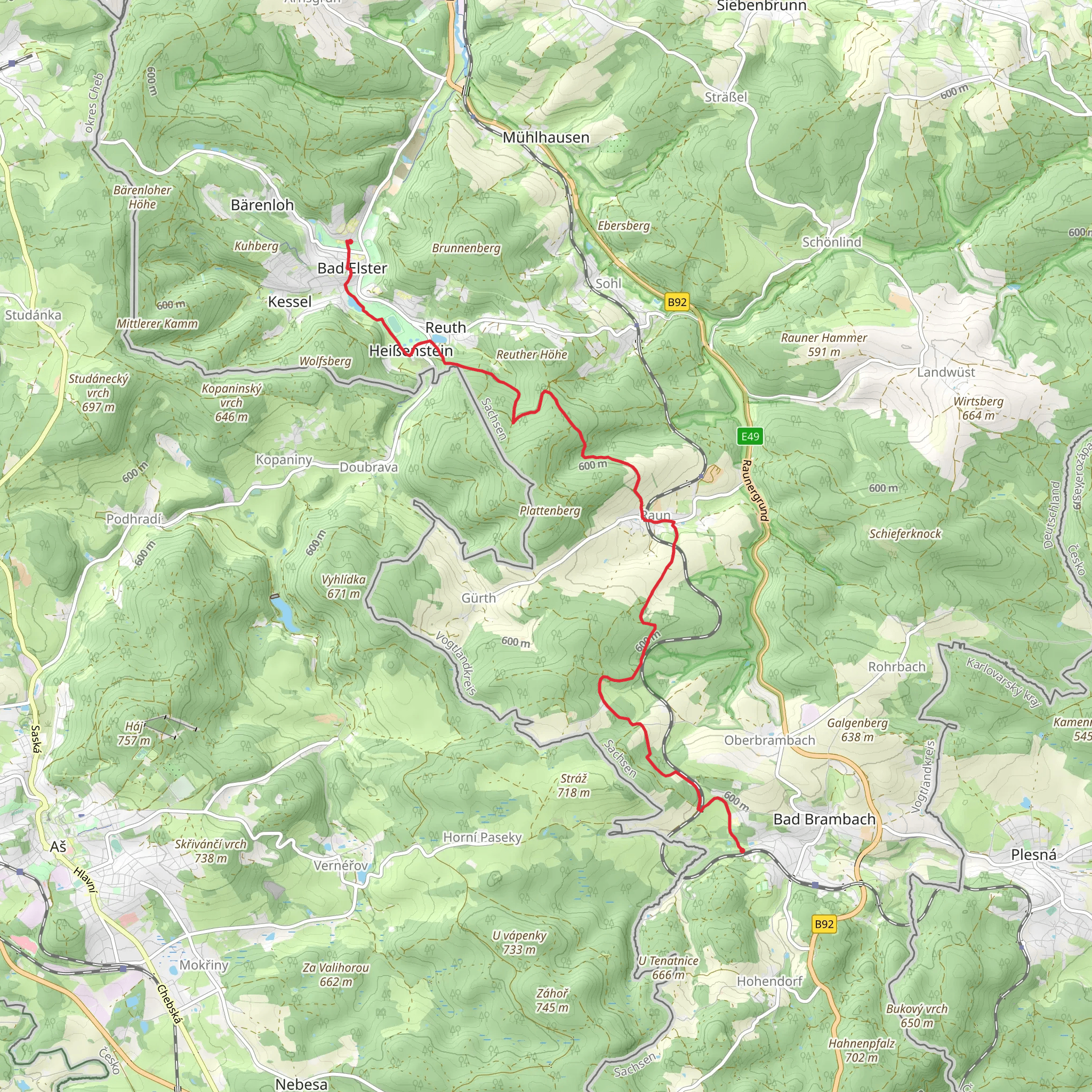 Bad Elster to Bad Brambach via Ringweg and Plattenbergweg mobile static map