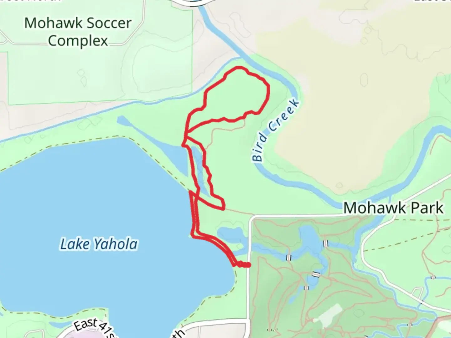 An image depicting the trail Lake Yahola East Shore Loop and its surrounding area.